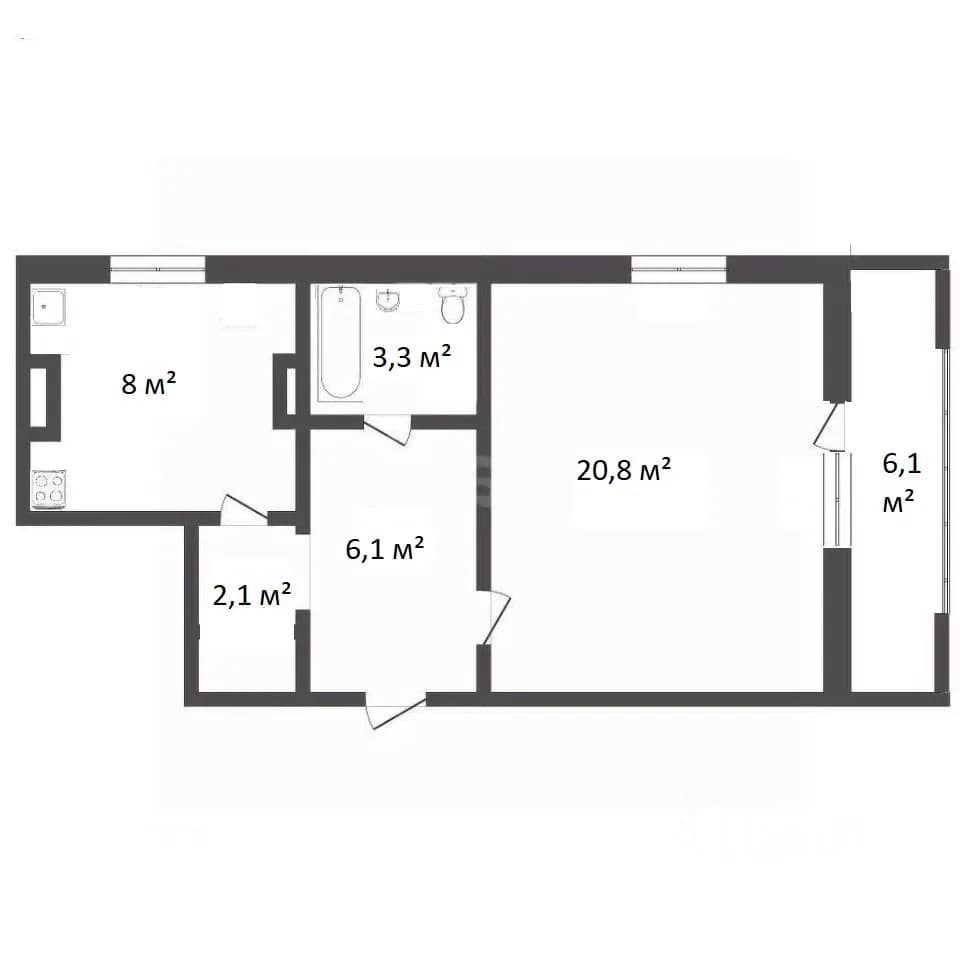Планировка: 1-комн. квартира, 46.6 м²