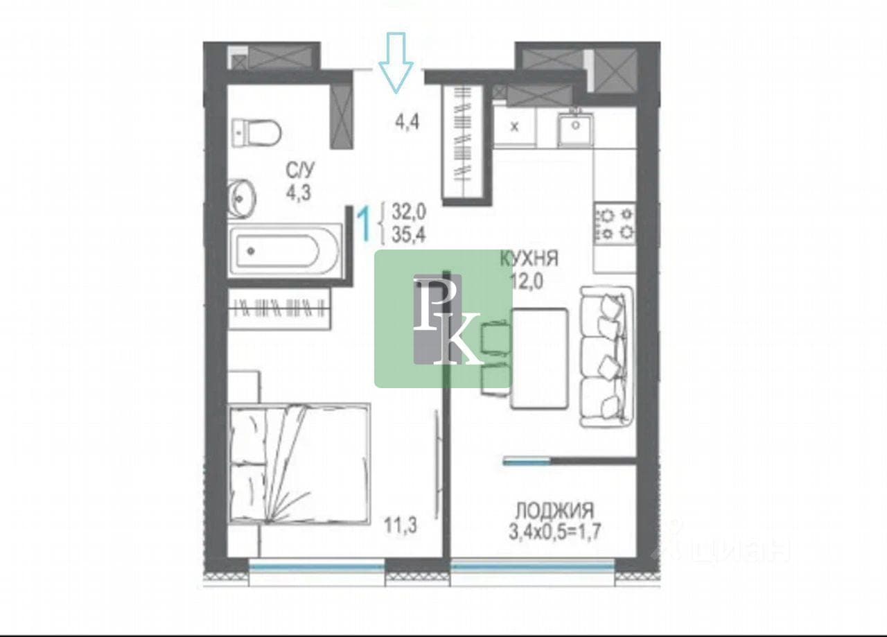 Планировка: 1-комн. квартира, 35.4 м²