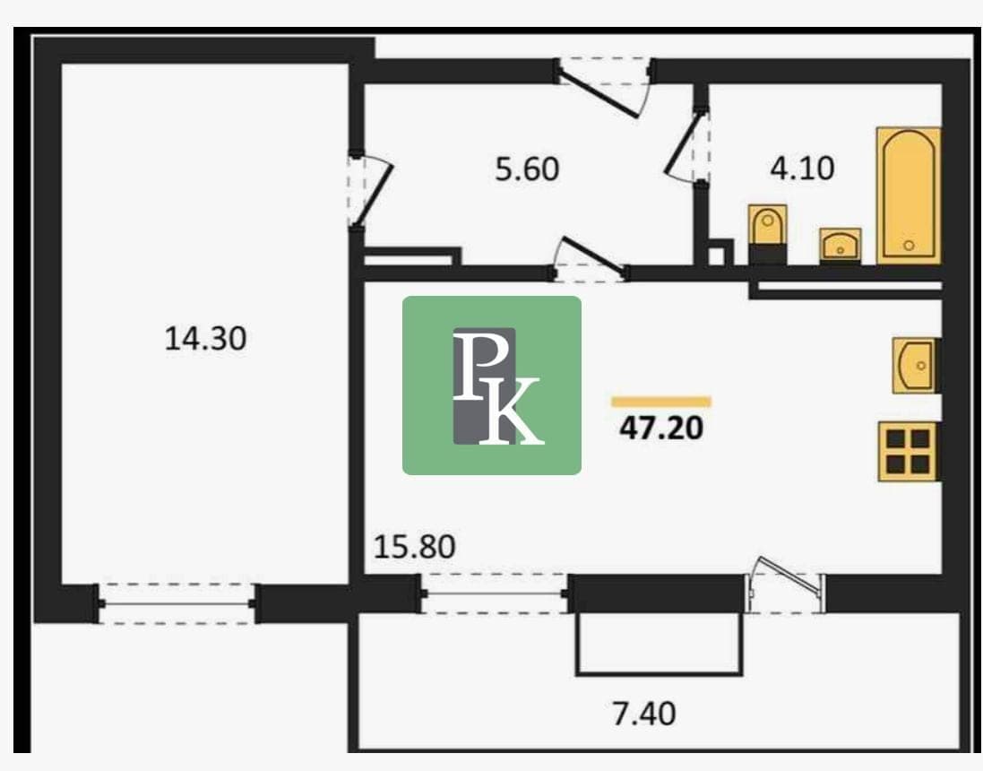 Планировка: 1-комн. квартира, 47 м²