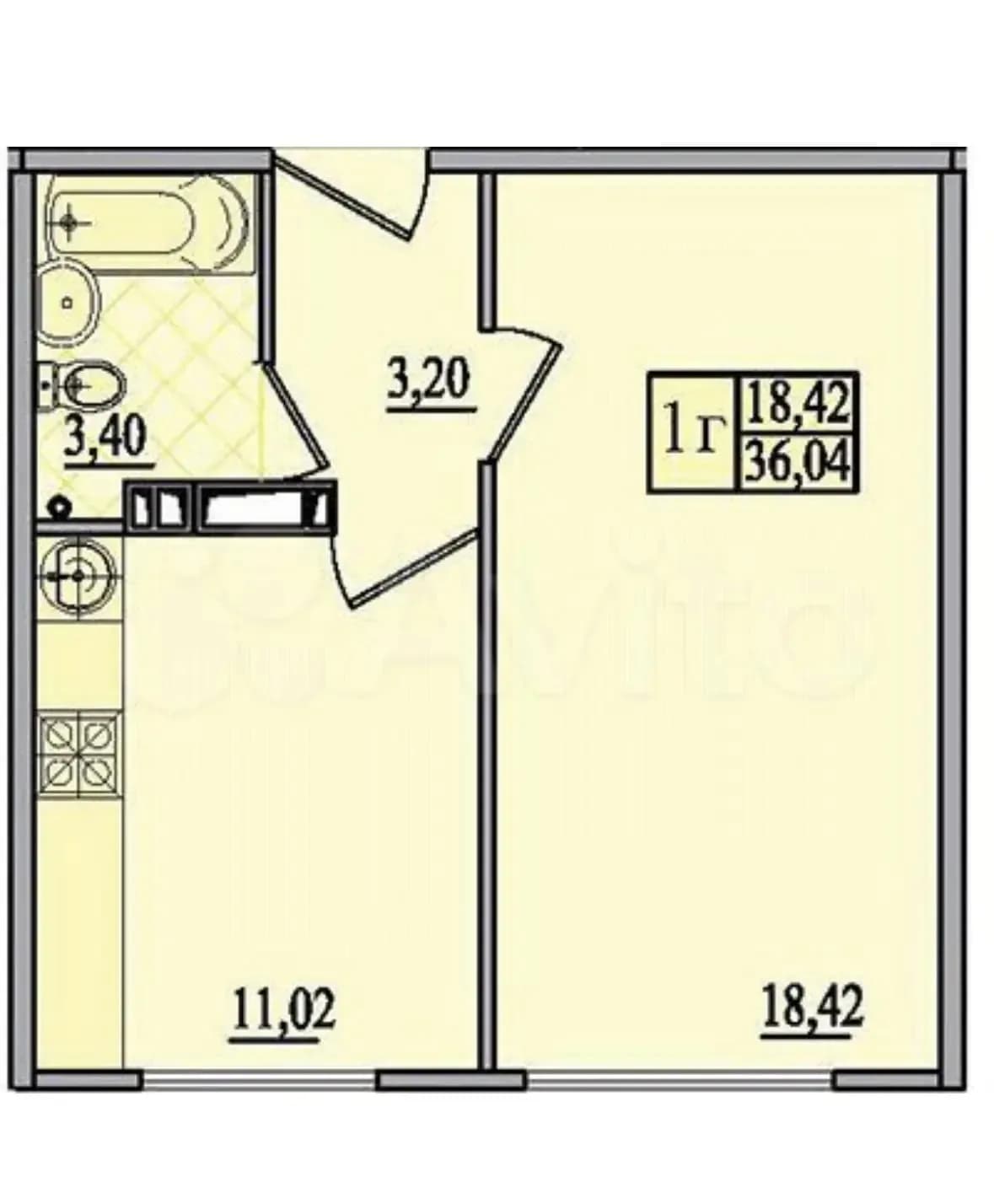 Планировка: 1-комн. квартира, 36 м²