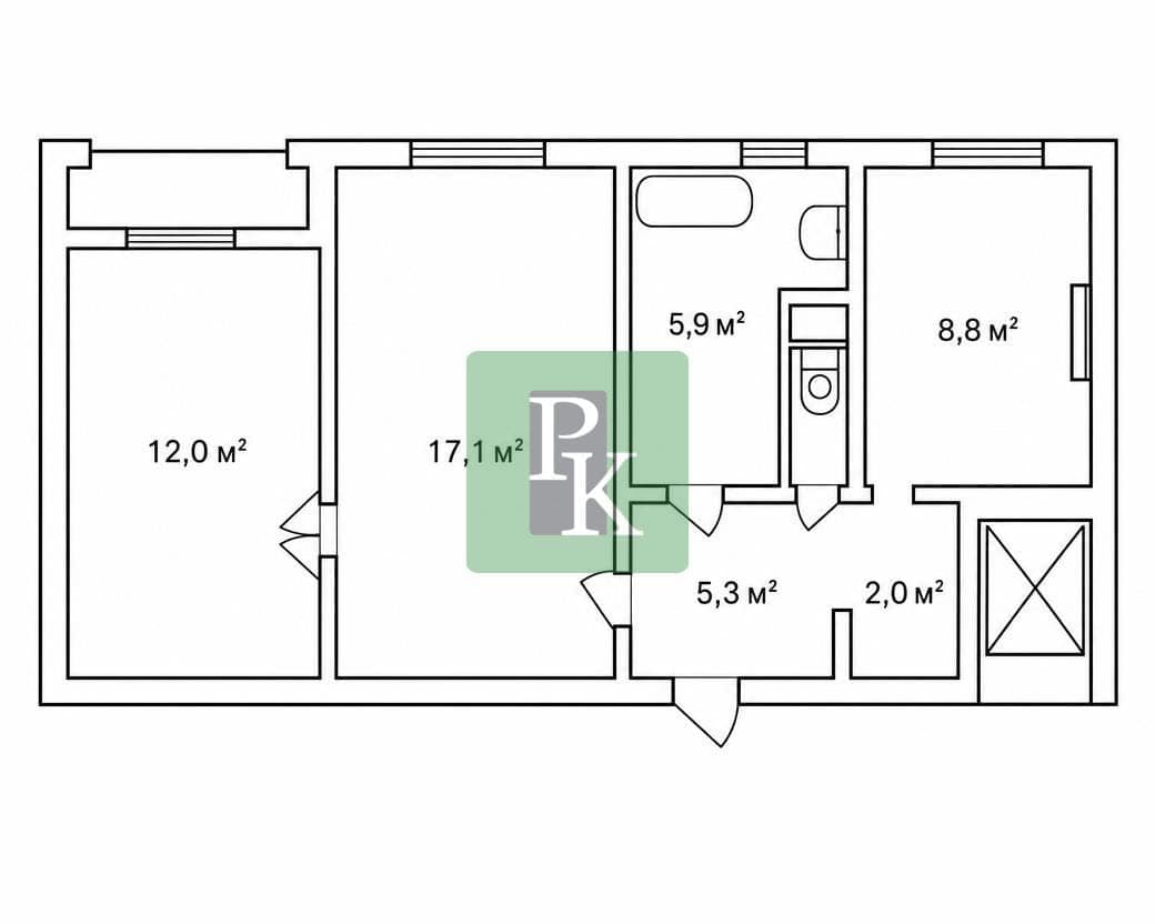 Планировка: 2-комн. квартира, 57 м²