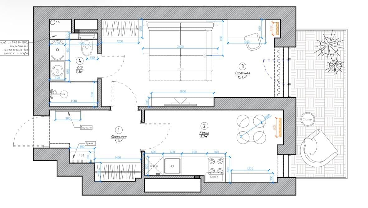 Планировка: 1-комн. квартира, 37 м²