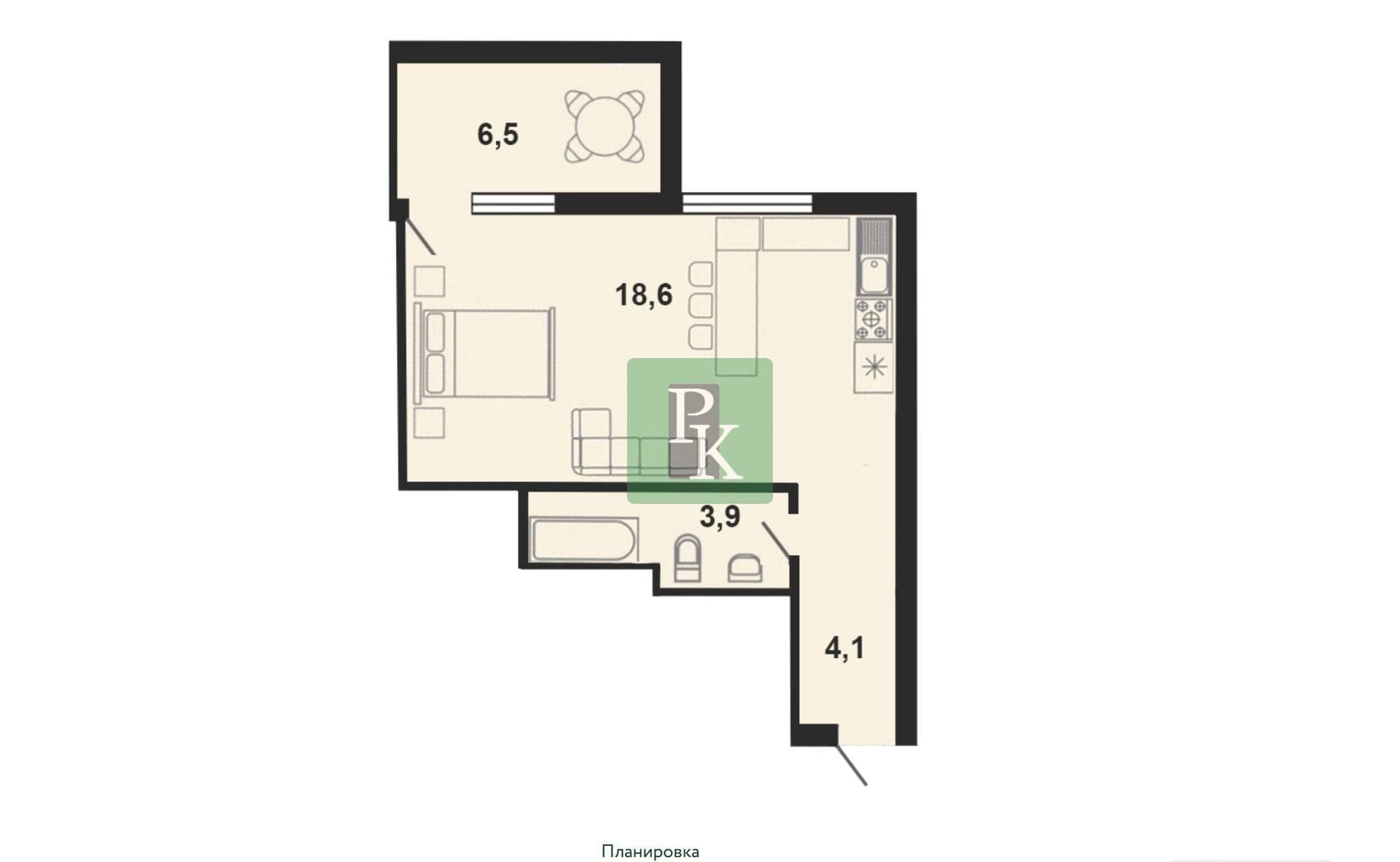 Планировка: 1-комн. апартаменты, 33.1 м²
