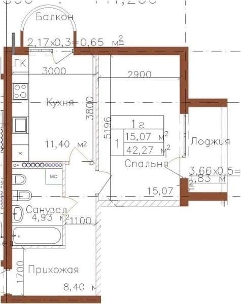 Планировка: 1-комн. квартира, 46 м²