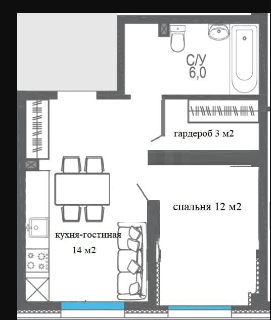 Планировка: 1-комн. квартира, 35 м²