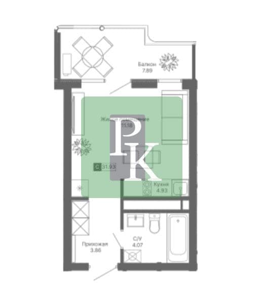 Планировка: 1-комн. апартаменты, 31.9 м²