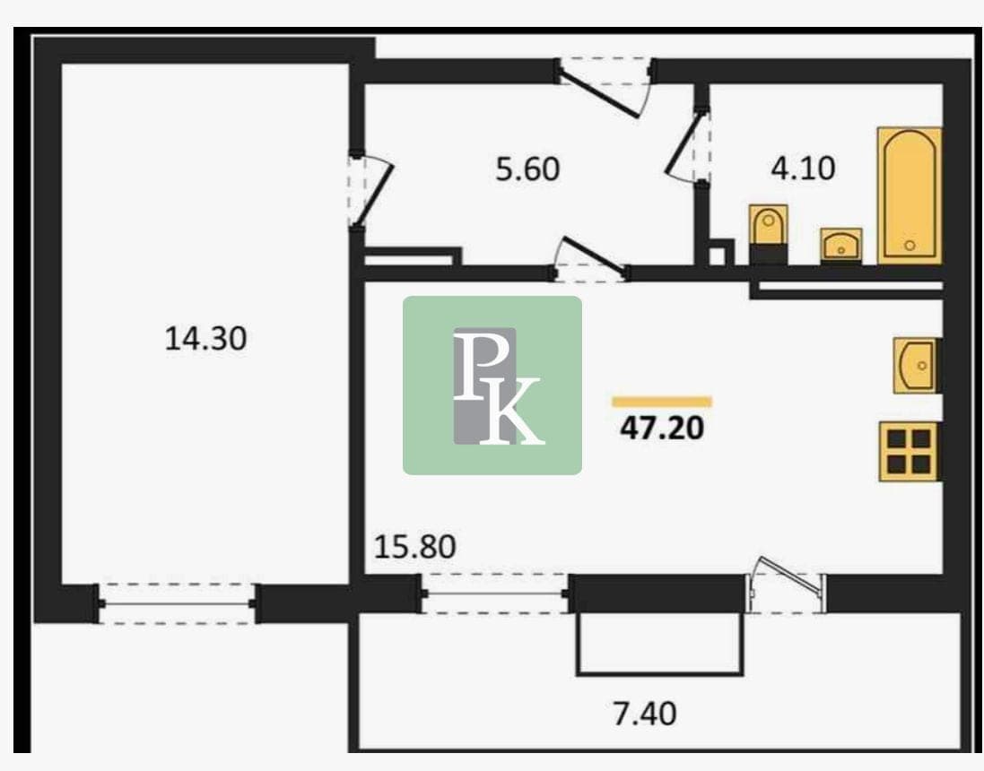 Планировка: 1-комн. квартира, 47.2 м²