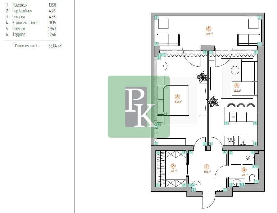 Планировка: 2-комн. апартаменты, 65 м²