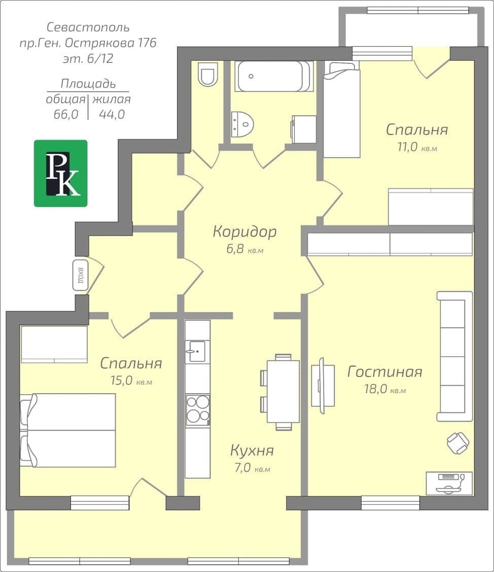 Планировка: 3-комн. квартира, 66 м²