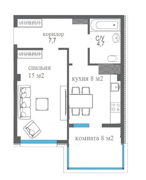 Планировка: 1-комн. квартира, 43 м²