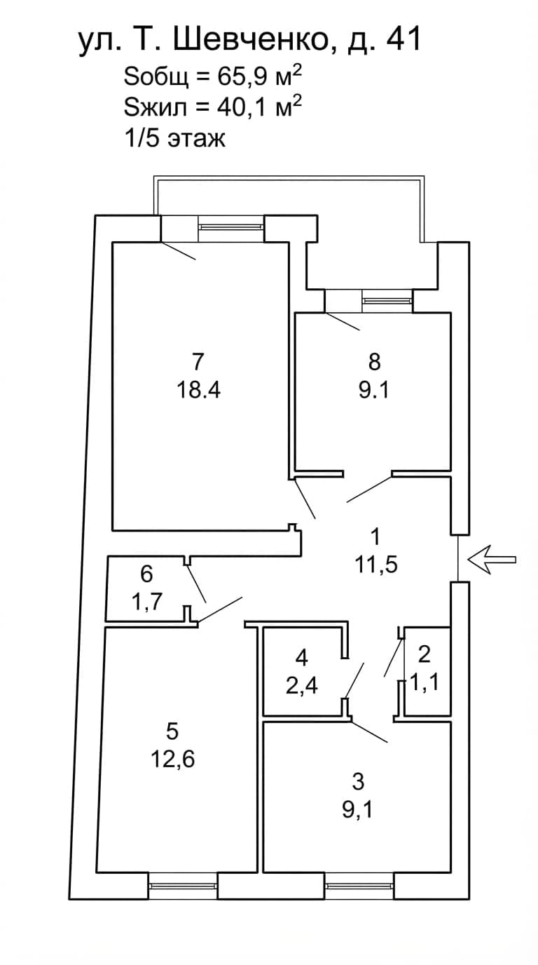 Планировка: 3-комн. квартира, 65.9 м²