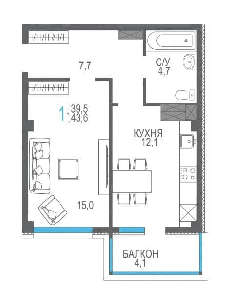 Планировка: 1-комн. квартира, 43 м²