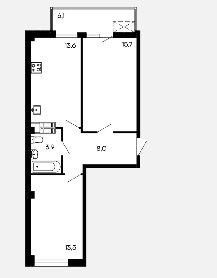 Планировка: 2-комн. квартира, 60.8 м²